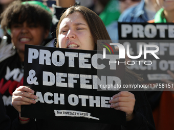 Pro-choice demonstrators protest outside of The Heritage Foundation in Washington, D.C. on November 9, 2024 following the re-election of for...