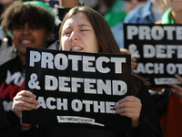 Pro-choice demonstrators protest outside of The Heritage Foundation in Washington, D.C. on November 9, 2024 following the re-election of for...