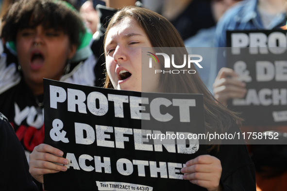 Pro-choice demonstrators protest outside of The Heritage Foundation in Washington, D.C. on November 9, 2024 following the re-election of for...