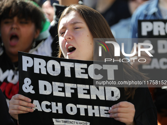 Pro-choice demonstrators protest outside of The Heritage Foundation in Washington, D.C. on November 9, 2024 following the re-election of for...