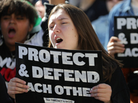 Pro-choice demonstrators protest outside of The Heritage Foundation in Washington, D.C. on November 9, 2024 following the re-election of for...