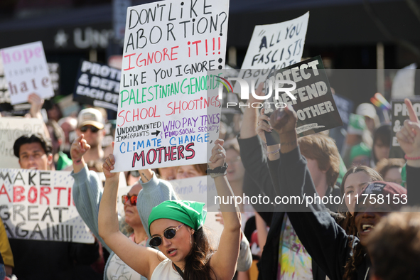 Pro-choice demonstrators protest outside of The Heritage Foundation in Washington, D.C. on November 9, 2024 following the re-election of for...