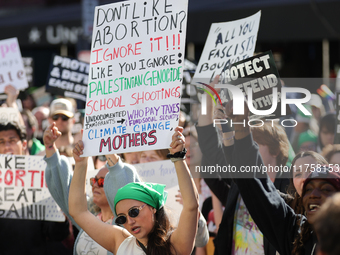 Pro-choice demonstrators protest outside of The Heritage Foundation in Washington, D.C. on November 9, 2024 following the re-election of for...