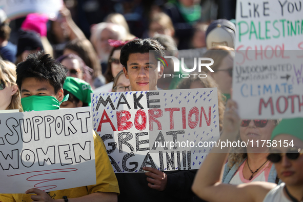 Pro-choice demonstrators protest outside of The Heritage Foundation in Washington, D.C. on November 9, 2024 following the re-election of for...