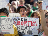 Pro-choice demonstrators protest outside of The Heritage Foundation in Washington, D.C. on November 9, 2024 following the re-election of for...