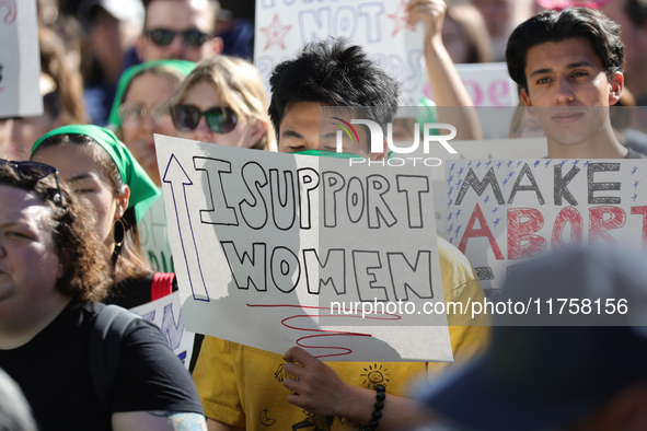 Pro-choice demonstrators protest outside of The Heritage Foundation in Washington, D.C. on November 9, 2024 following the re-election of for...