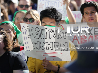 Pro-choice demonstrators protest outside of The Heritage Foundation in Washington, D.C. on November 9, 2024 following the re-election of for...