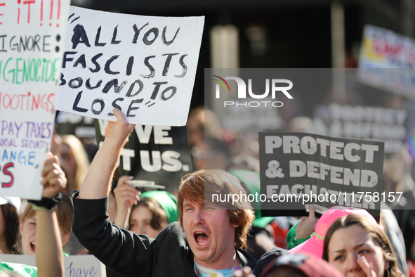 Pro-choice demonstrators protest outside of The Heritage Foundation in Washington, D.C. on November 9, 2024 following the re-election of for...