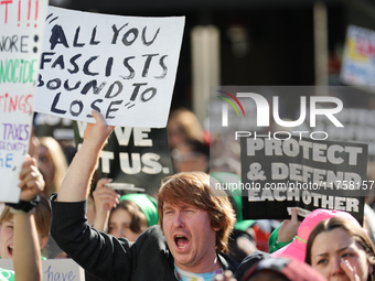 Pro-choice demonstrators protest outside of The Heritage Foundation in Washington, D.C. on November 9, 2024 following the re-election of for...