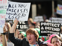 Pro-choice demonstrators protest outside of The Heritage Foundation in Washington, D.C. on November 9, 2024 following the re-election of for...