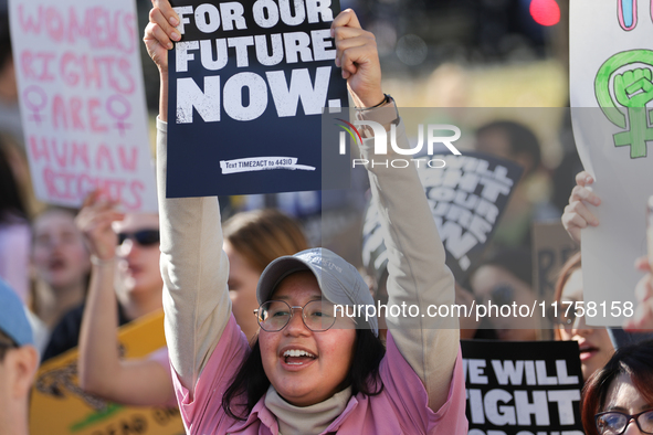 Pro-choice demonstrators protest outside of The Heritage Foundation in Washington, D.C. on November 9, 2024 following the re-election of for...