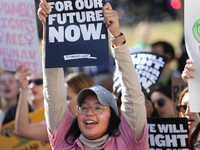 Pro-choice demonstrators protest outside of The Heritage Foundation in Washington, D.C. on November 9, 2024 following the re-election of for...