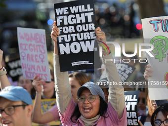 Pro-choice demonstrators protest outside of The Heritage Foundation in Washington, D.C. on November 9, 2024 following the re-election of for...