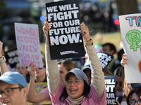 Pro-choice demonstrators protest outside of The Heritage Foundation in Washington, D.C. on November 9, 2024 following the re-election of for...