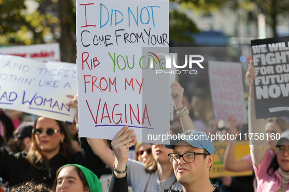 Pro-choice demonstrators protest outside of The Heritage Foundation in Washington, D.C. on November 9, 2024 following the re-election of for...