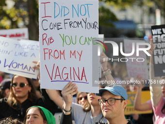 Pro-choice demonstrators protest outside of The Heritage Foundation in Washington, D.C. on November 9, 2024 following the re-election of for...