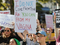 Pro-choice demonstrators protest outside of The Heritage Foundation in Washington, D.C. on November 9, 2024 following the re-election of for...