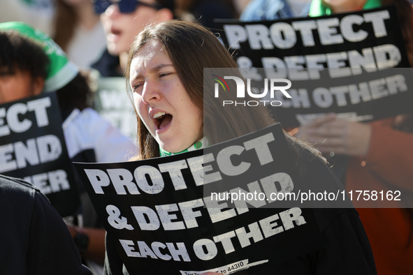 Pro-choice demonstrators protest outside of The Heritage Foundation in Washington, D.C. on November 9, 2024 following the re-election of for...