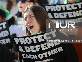 Pro-choice demonstrators protest outside of The Heritage Foundation in Washington, D.C. on November 9, 2024 following the re-election of for...