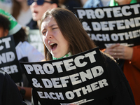 Pro-choice demonstrators protest outside of The Heritage Foundation in Washington, D.C. on November 9, 2024 following the re-election of for...