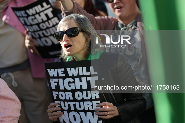 Pro-choice demonstrators protest outside of The Heritage Foundation in Washington, D.C. on November 9, 2024 following the re-election of for...