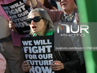 Pro-choice demonstrators protest outside of The Heritage Foundation in Washington, D.C. on November 9, 2024 following the re-election of for...