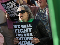 Pro-choice demonstrators protest outside of The Heritage Foundation in Washington, D.C. on November 9, 2024 following the re-election of for...