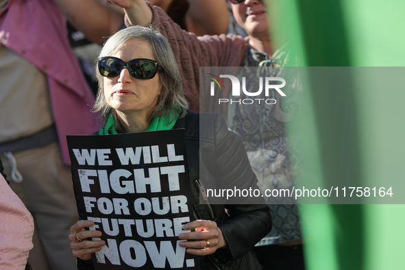 Pro-choice demonstrators protest outside of The Heritage Foundation in Washington, D.C. on November 9, 2024 following the re-election of for...