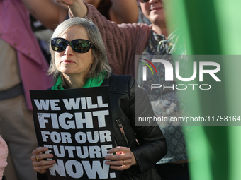 Pro-choice demonstrators protest outside of The Heritage Foundation in Washington, D.C. on November 9, 2024 following the re-election of for...