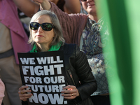 Pro-choice demonstrators protest outside of The Heritage Foundation in Washington, D.C. on November 9, 2024 following the re-election of for...