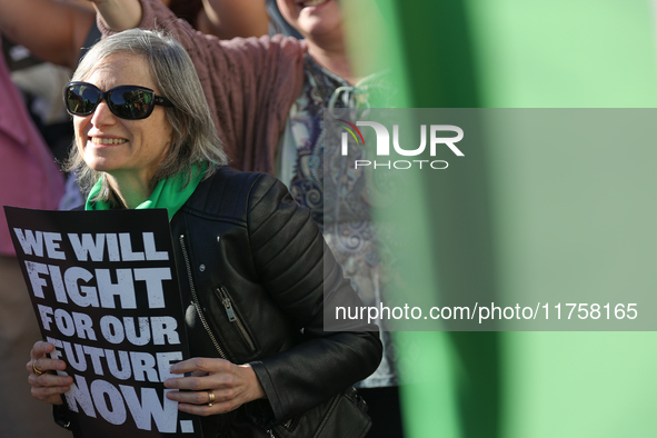 Pro-choice demonstrators protest outside of The Heritage Foundation in Washington, D.C. on November 9, 2024 following the re-election of for...