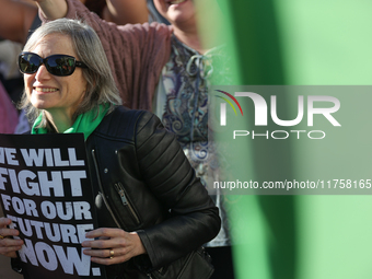 Pro-choice demonstrators protest outside of The Heritage Foundation in Washington, D.C. on November 9, 2024 following the re-election of for...