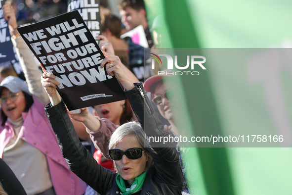 Pro-choice demonstrators protest outside of The Heritage Foundation in Washington, D.C. on November 9, 2024 following the re-election of for...