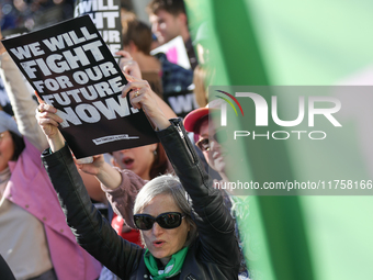 Pro-choice demonstrators protest outside of The Heritage Foundation in Washington, D.C. on November 9, 2024 following the re-election of for...