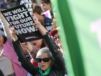 Pro-choice demonstrators protest outside of The Heritage Foundation in Washington, D.C. on November 9, 2024 following the re-election of for...