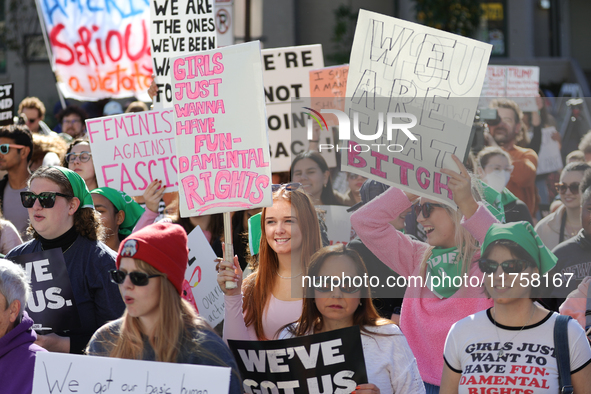 Pro-choice demonstrators protest outside of The Heritage Foundation in Washington, D.C. on November 9, 2024 following the re-election of for...