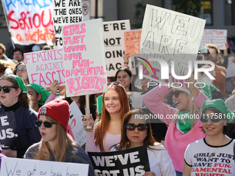 Pro-choice demonstrators protest outside of The Heritage Foundation in Washington, D.C. on November 9, 2024 following the re-election of for...