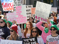 Pro-choice demonstrators protest outside of The Heritage Foundation in Washington, D.C. on November 9, 2024 following the re-election of for...