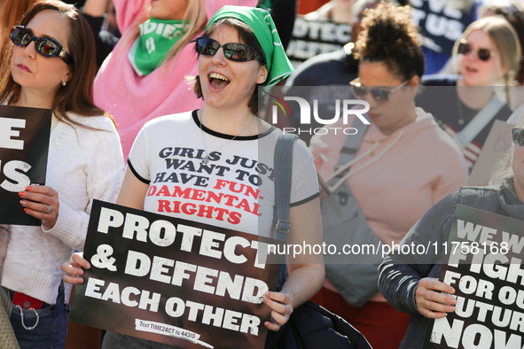 Pro-choice demonstrators protest outside of The Heritage Foundation in Washington, D.C. on November 9, 2024 following the re-election of for...