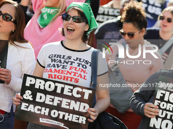 Pro-choice demonstrators protest outside of The Heritage Foundation in Washington, D.C. on November 9, 2024 following the re-election of for...