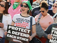 Pro-choice demonstrators protest outside of The Heritage Foundation in Washington, D.C. on November 9, 2024 following the re-election of for...