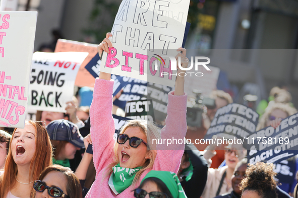 Pro-choice demonstrators protest outside of The Heritage Foundation in Washington, D.C. on November 9, 2024 following the re-election of for...