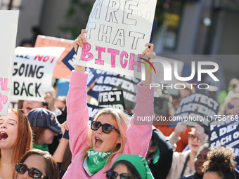 Pro-choice demonstrators protest outside of The Heritage Foundation in Washington, D.C. on November 9, 2024 following the re-election of for...