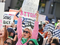 Pro-choice demonstrators protest outside of The Heritage Foundation in Washington, D.C. on November 9, 2024 following the re-election of for...