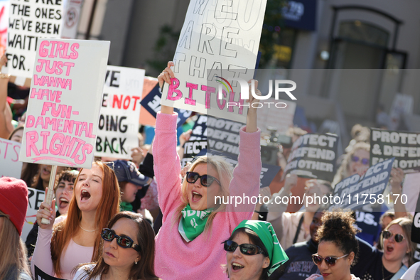 Pro-choice demonstrators protest outside of The Heritage Foundation in Washington, D.C. on November 9, 2024 following the re-election of for...