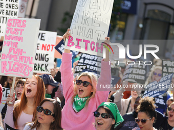 Pro-choice demonstrators protest outside of The Heritage Foundation in Washington, D.C. on November 9, 2024 following the re-election of for...