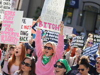 Pro-choice demonstrators protest outside of The Heritage Foundation in Washington, D.C. on November 9, 2024 following the re-election of for...