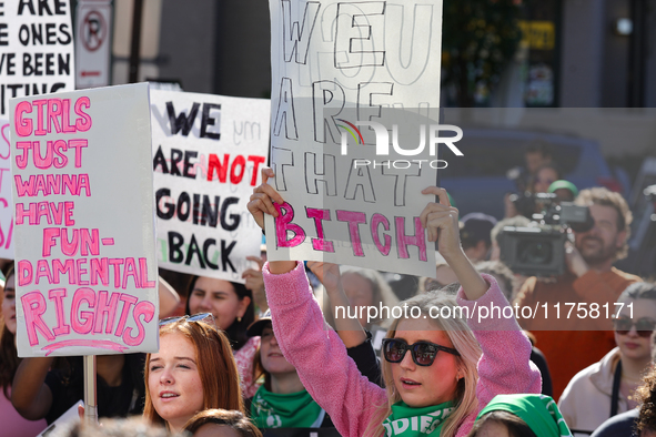 Pro-choice demonstrators protest outside of The Heritage Foundation in Washington, D.C. on November 9, 2024 following the re-election of for...