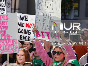 Pro-choice demonstrators protest outside of The Heritage Foundation in Washington, D.C. on November 9, 2024 following the re-election of for...