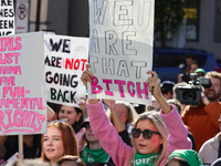 Pro-choice demonstrators protest outside of The Heritage Foundation in Washington, D.C. on November 9, 2024 following the re-election of for...